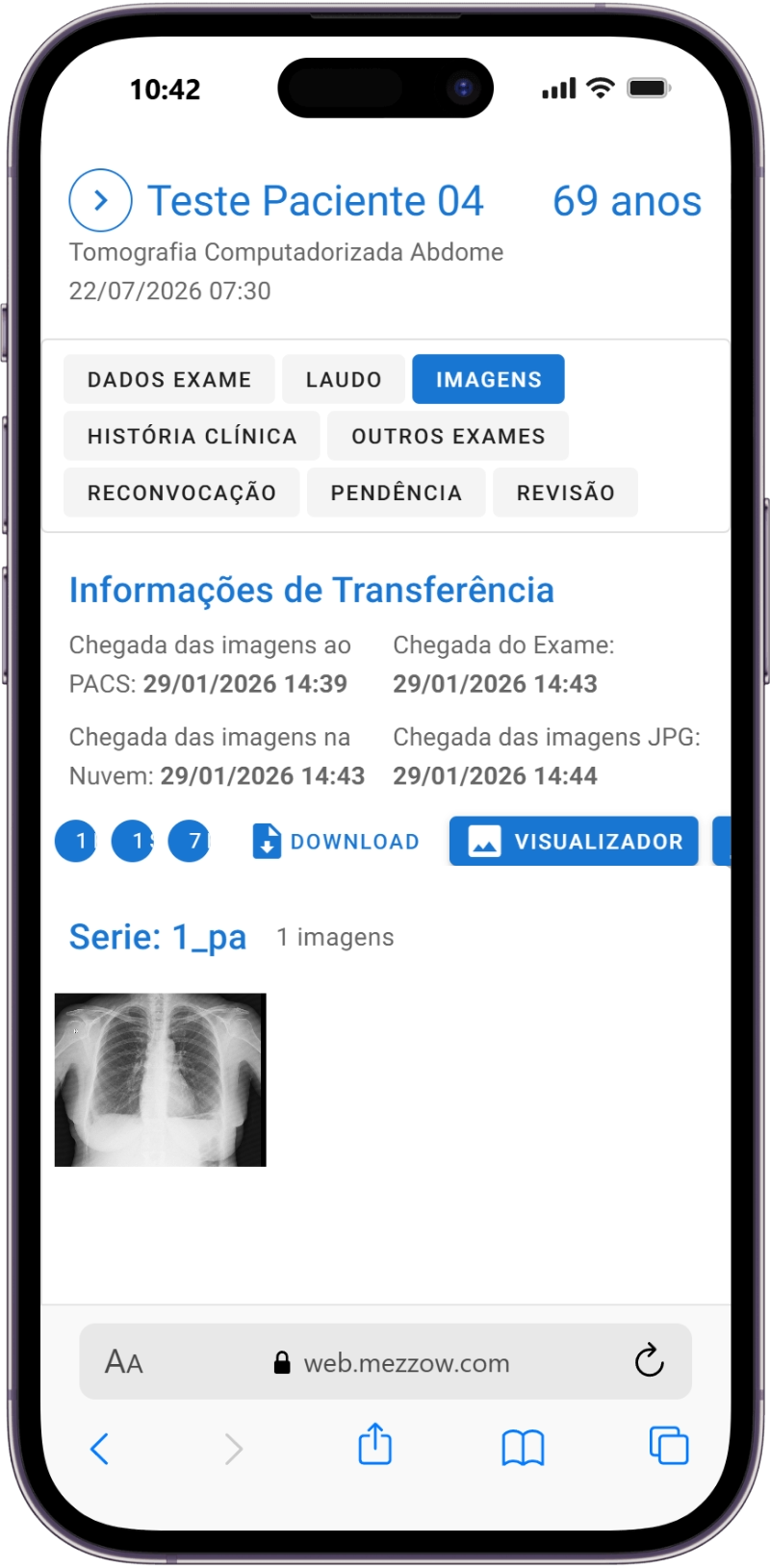 Tela mobile do Mezzow com informações de transferência e acesso a imagens