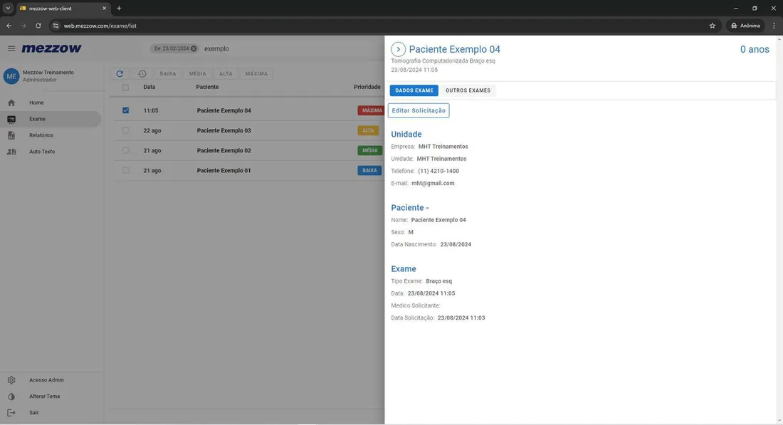 Aba de imagens do exame com visualizador e download