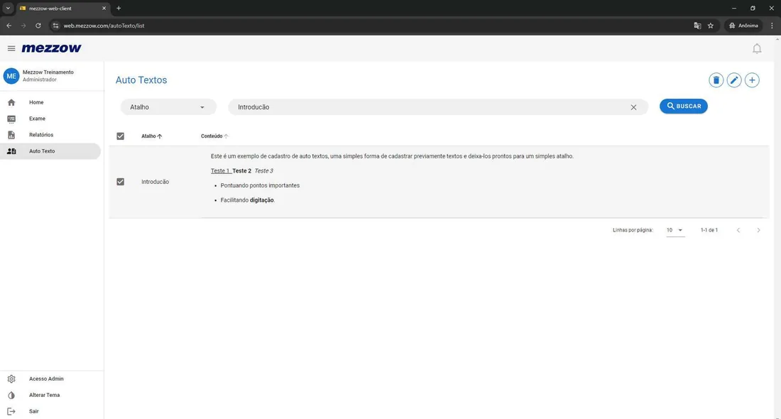 Tela para excluir Auto Texto